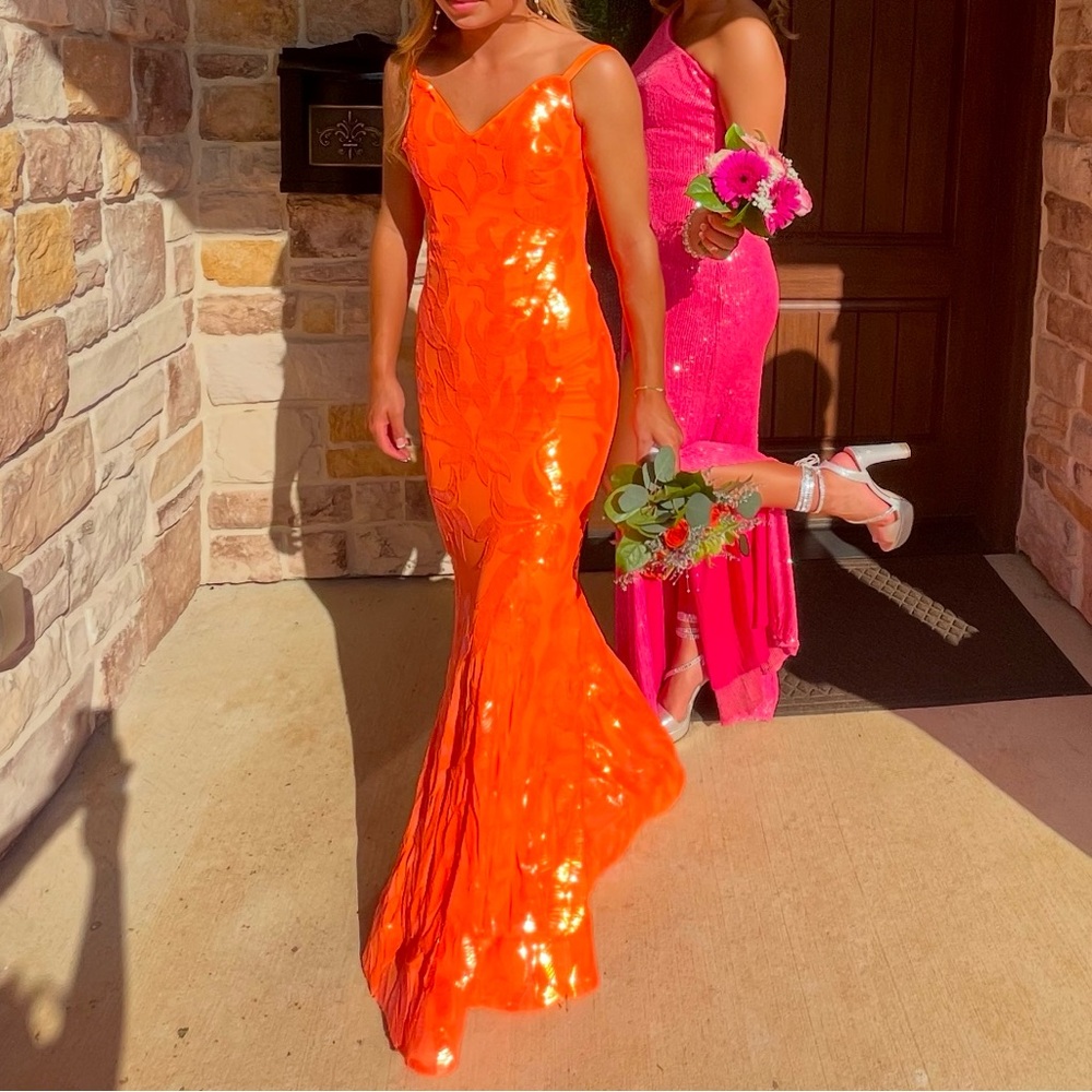 Jovani Neon Orange Sequin Mermaid Prom Dress - Picture 3 of 14